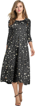Women's 3/4 Sleeve A-line Flare Midi Dress - Flowy Rayon Comfort