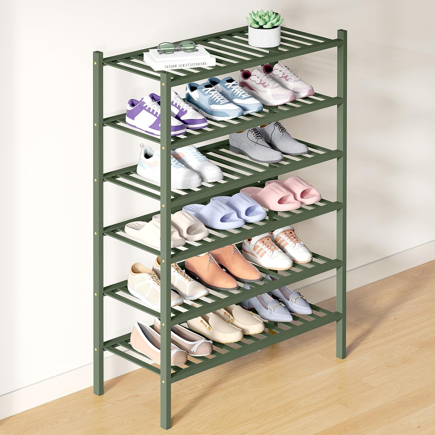 Smiry Bamboo Shoe Rack: 6 Tier Wooden Stackable Organizer