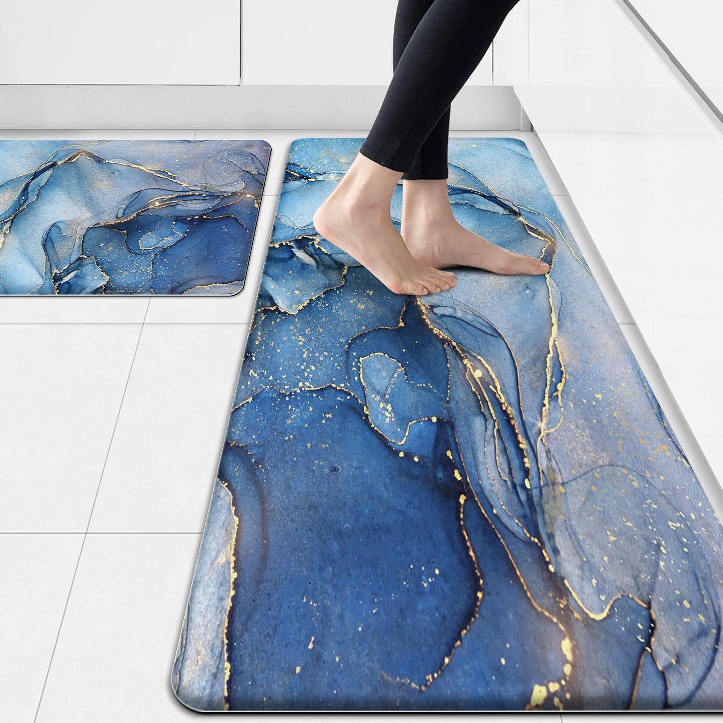 Blue Kitchen Rugs Set of 2 Cushioned Anti Fatigue Mats