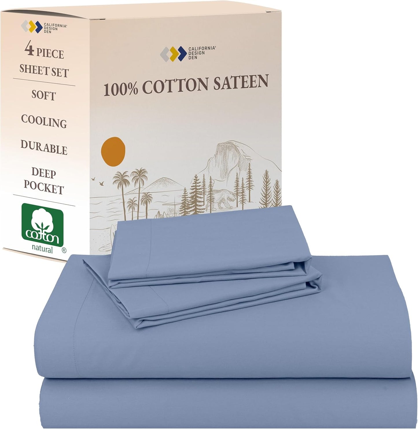 King Size Sheets Set - 100% Cotton Sateen Weave Bedding