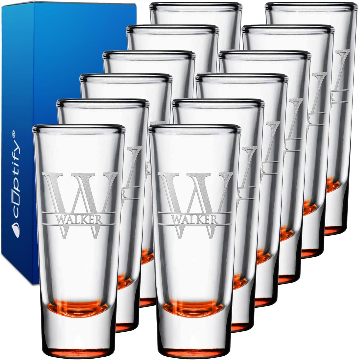 Personalized Shot Glasses Set of 12 with Elegant Orange Bottom