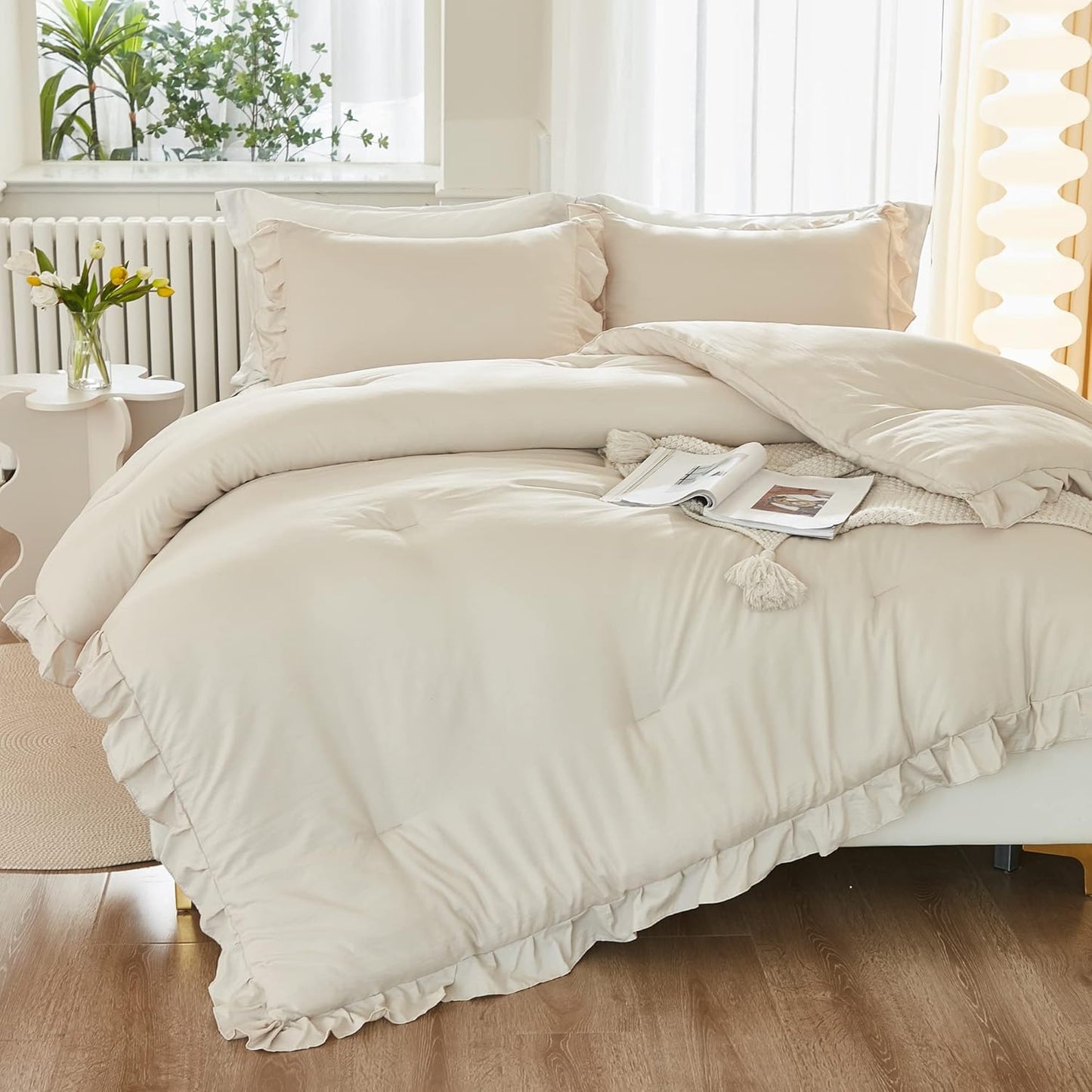 Litanika Comforter Twin Size Set Beige with Ruffle Trim