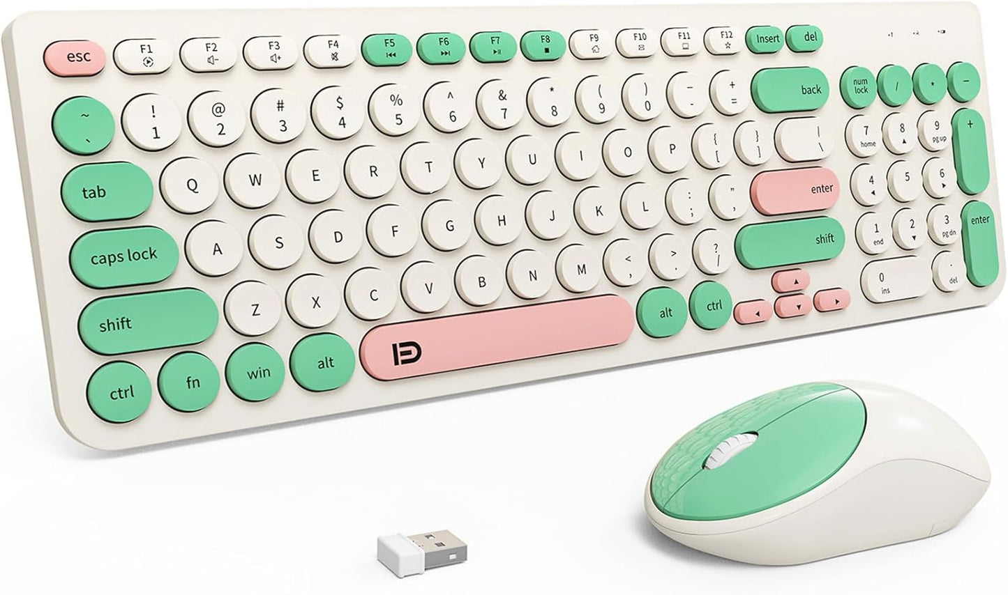 2.4GHz Cute Wireless Keyboard Set - Quiet & Slim, Milky White Green