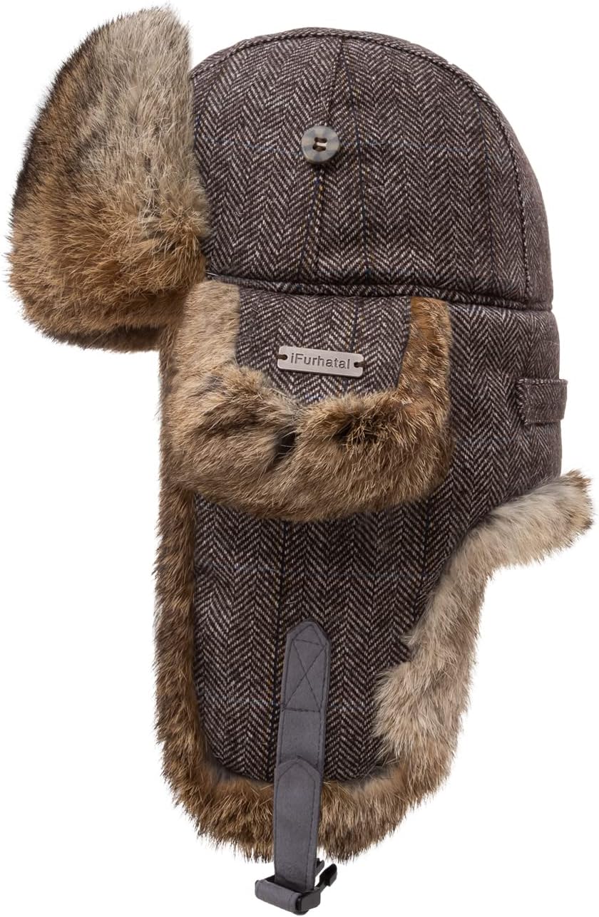 100% Real Rabbit Fur Winter Trapper Hat for Men and Women