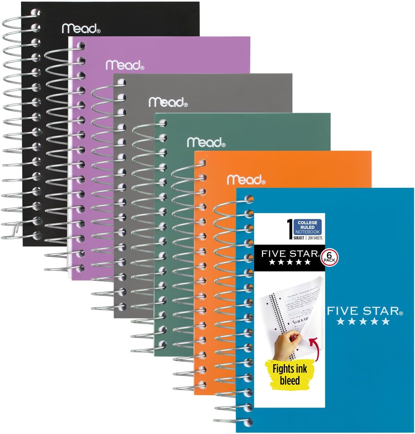 Compact College Ruled Spiral Notebooks, 6-Pack, 200 Sheets, Assorted Colors