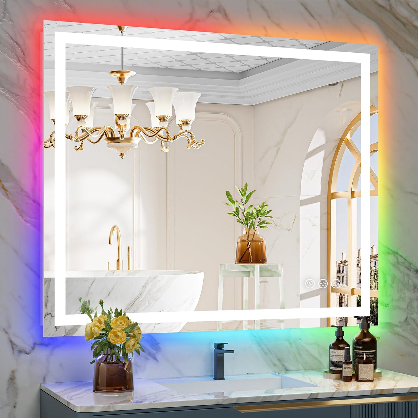 44x36 Inch RGB LED Bathroom Mirror with Anti-Fog and Dimmable Light