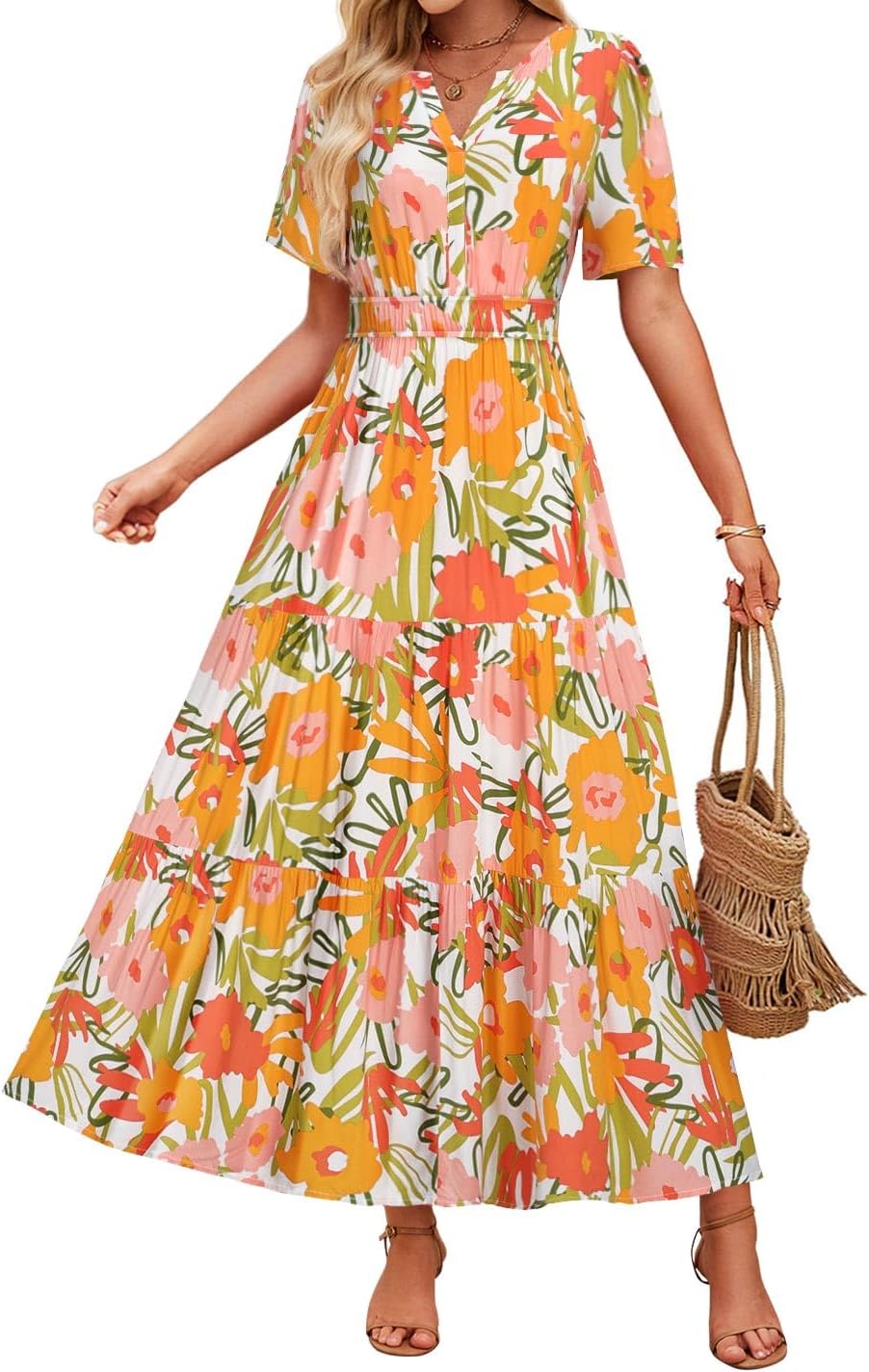 ZESICA Women's Floral Print Short Sleeve V Neck Maxi Dress