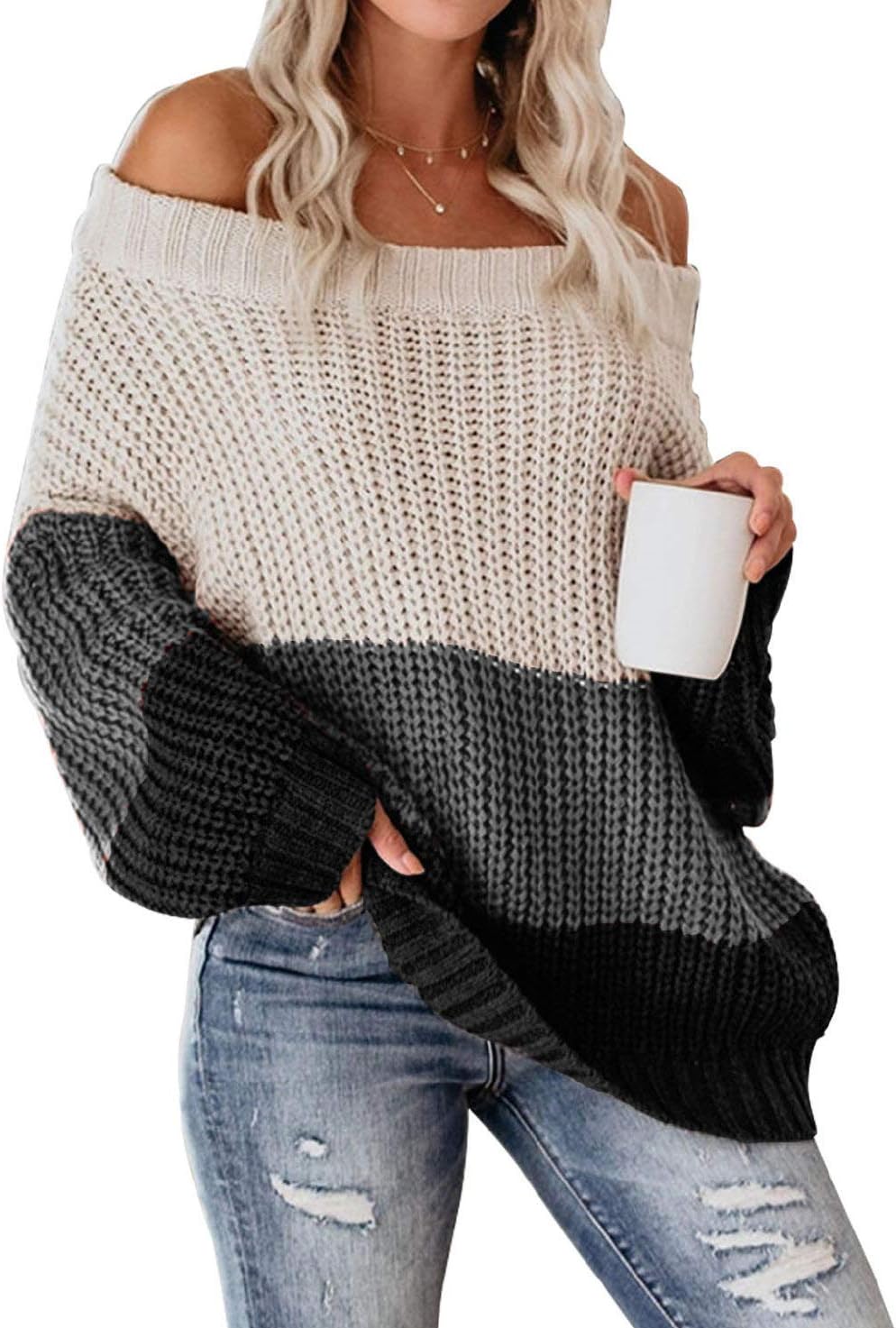 VIMPUNEC Womens Oversized Sweater Color Block Off The Shoulder