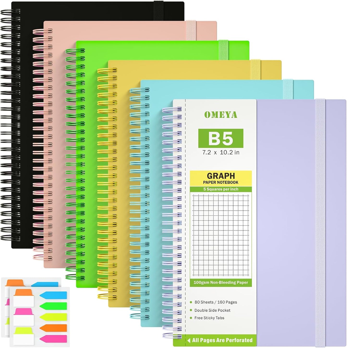 B5 Grid Notebook - 6 Pack, 480 Perforated Pages, 100gsm Grid Paper, Cute & Durable for School & Office - OMEYA