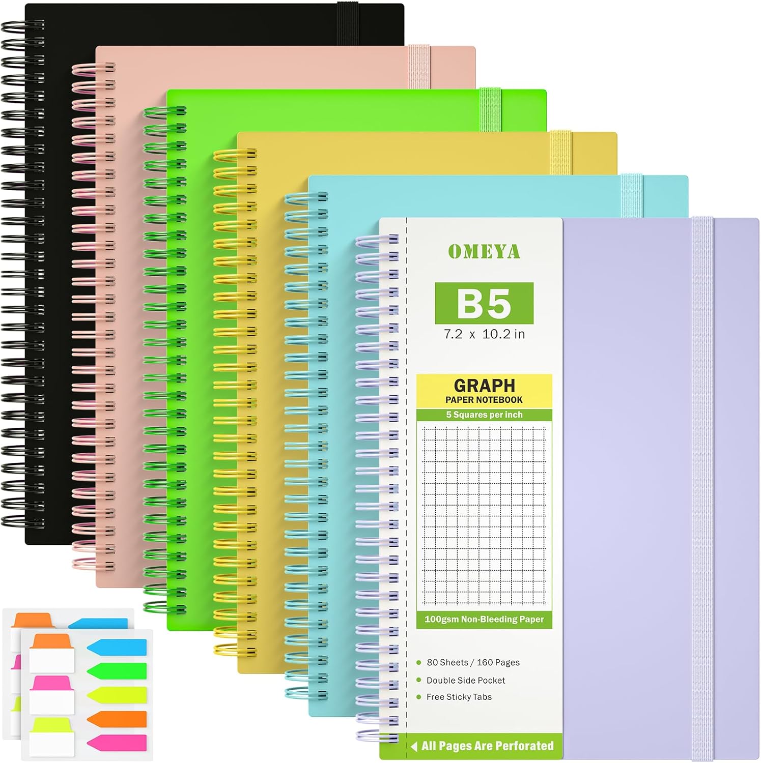 B5 Grid Notebook - 6 Pack, 480 Perforated Pages, 100gsm Grid Paper, Cute & Durable for School & Office - OMEYA