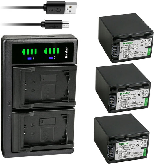 Kastar 3-Pack Battery NP-FV100 with Dual USB Charger for Sony
