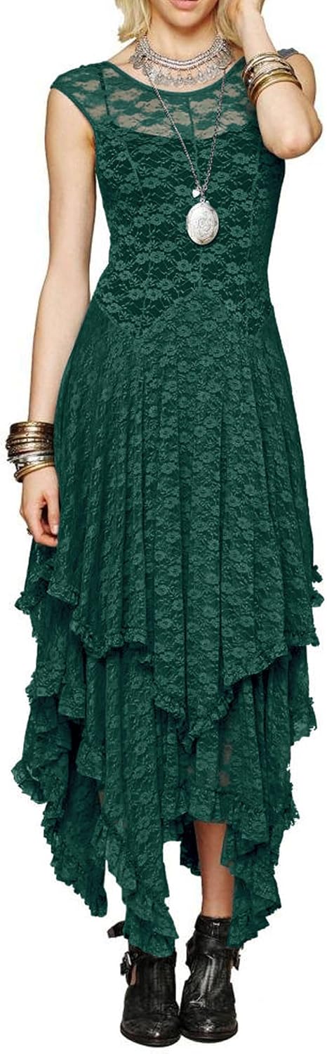 R.Vivimos Womens Sleeveless Backless Asymmetrical Lace Dress
