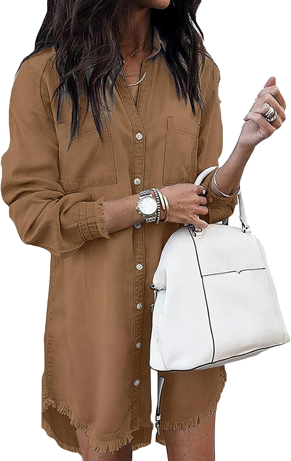Zilcremo Women Denim Shirt Dress: Casual Long Sleeve Tunic