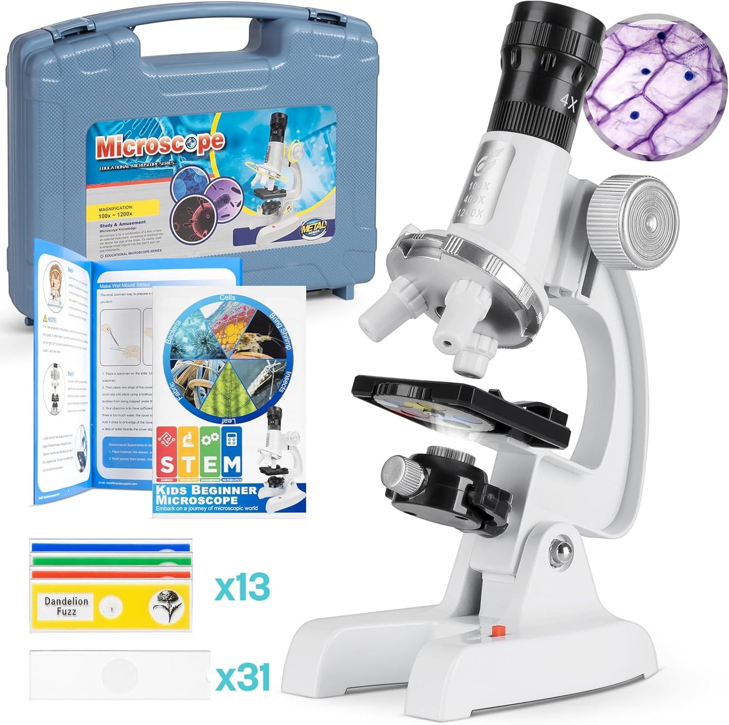 Kids Beginner Microscope Science Kit with 100X-1200X Magnification