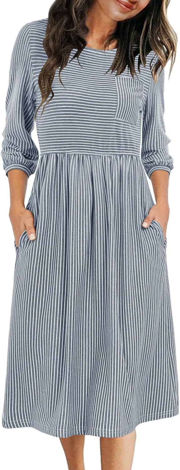 MEROKEETY Women's Striped High Waist Midi Dress with Pockets