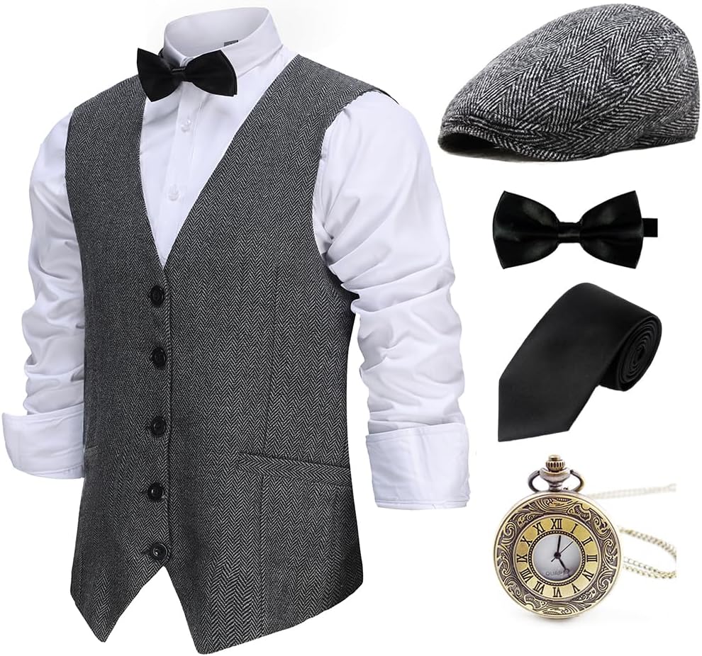Gatsby Gangster Vest Fedora Hat Suspenders Bow Tie Set for Men