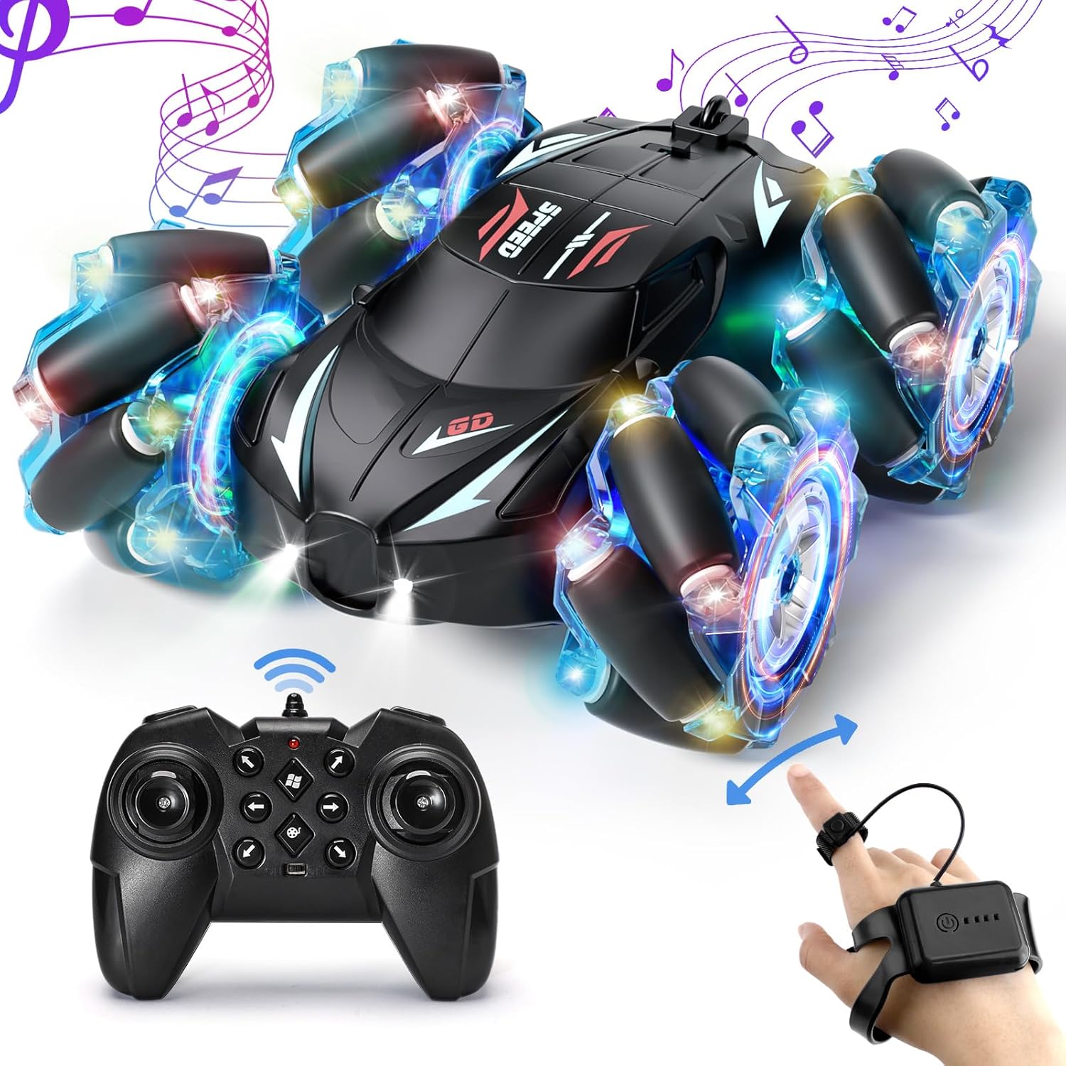 RC Stunt Car: Double-Sided 360 Flips, Gesture Control, Music & Lights!