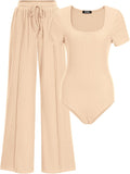 Womens Casual 2 Piece Ribbed Bodysuit Set - Comfortable Lounge Fit