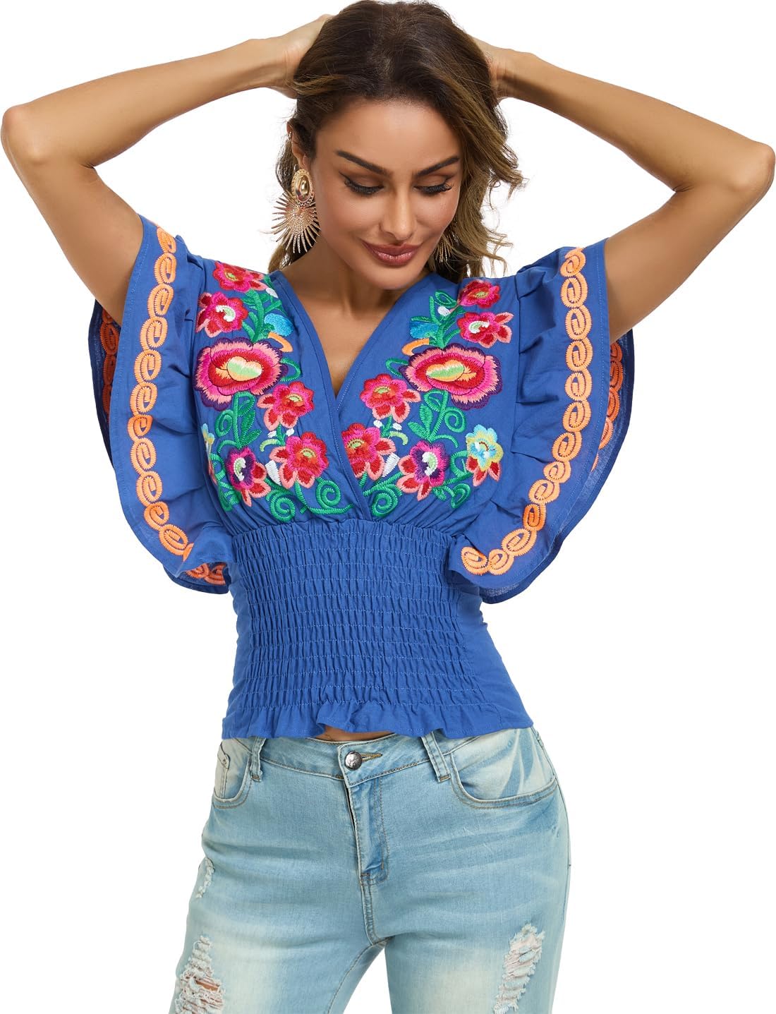 YZXDORWJ Women Mexican Embroidered Off-Shoulder Shirt Top