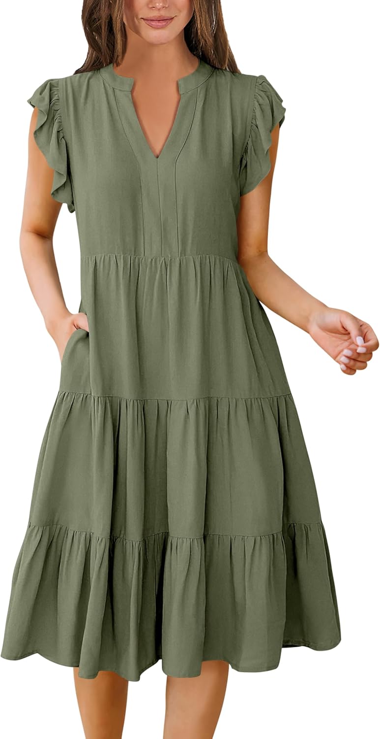 ANRABESS Womens Summer Dress Ruffle Sleeve V Neck Midi Fashion
