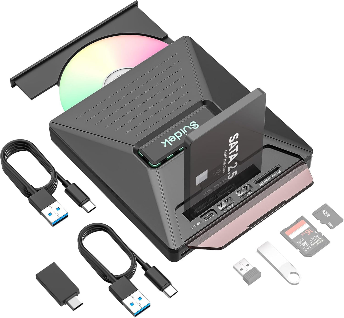 Portable CD DVD Drive with USB Hub and SD Card Reader Features