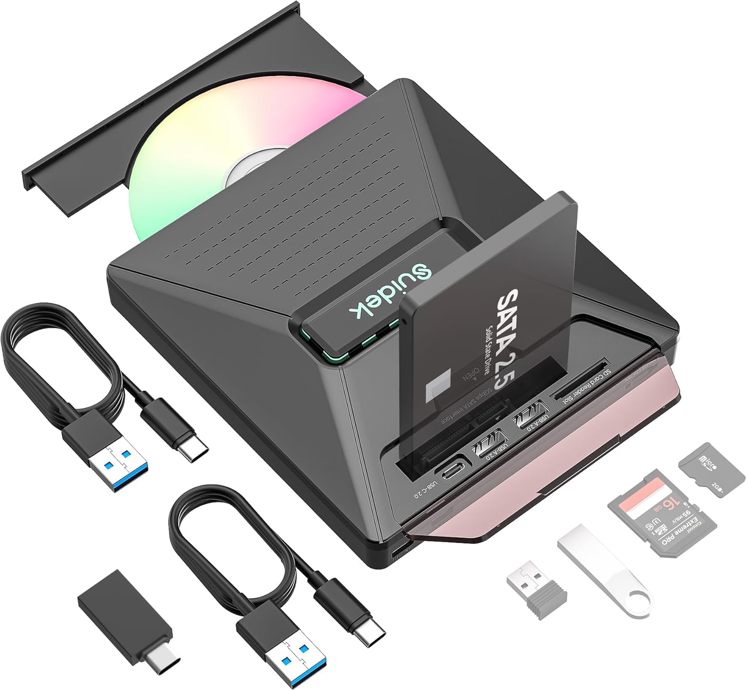 Portable CD DVD Drive with USB Hub and SD Card Reader Features