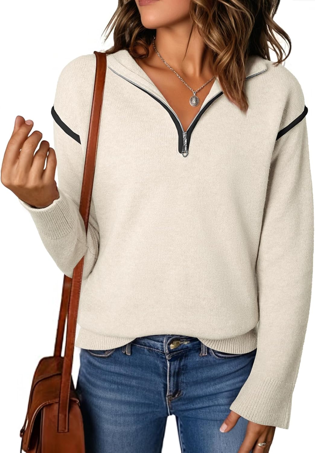 EVALESS Womens V Neck Long Sleeve Quarter Zip Sweater for Fall
