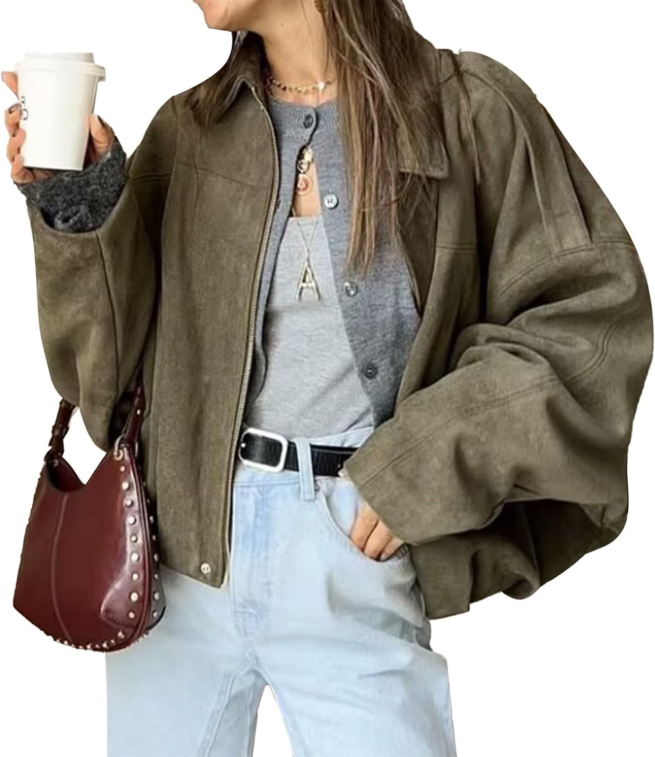 Faux Suede Bomber Jacket for Women - Trendy Oversized Style