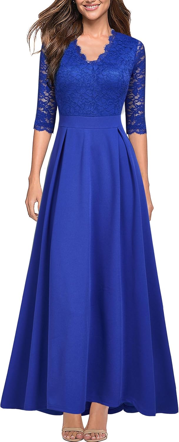 Elegant Women's V Neck Lace Vintage Formal Long Dress for Events