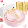 MirthMood 210PCS Pink Plastic Plates with Gold Rim - Party Dinnerware