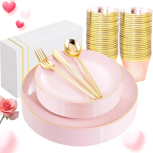 MirthMood 210PCS Pink Plastic Plates Set for Stylish Events