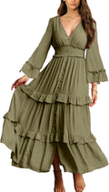 Amegoya Women's V Neck Long Sleeve Boho Maxi Dress