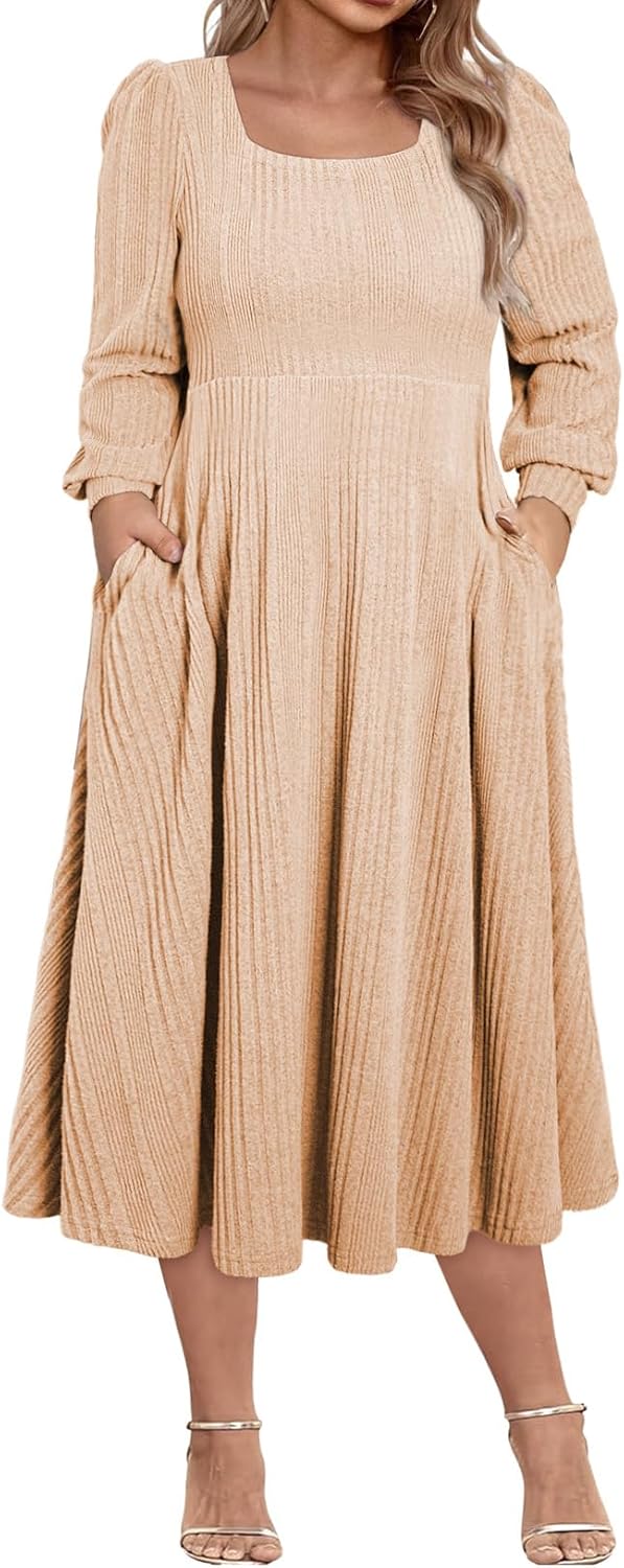 Eytino Womens Plus Size Dress Square Neck Long Sleeve Midi