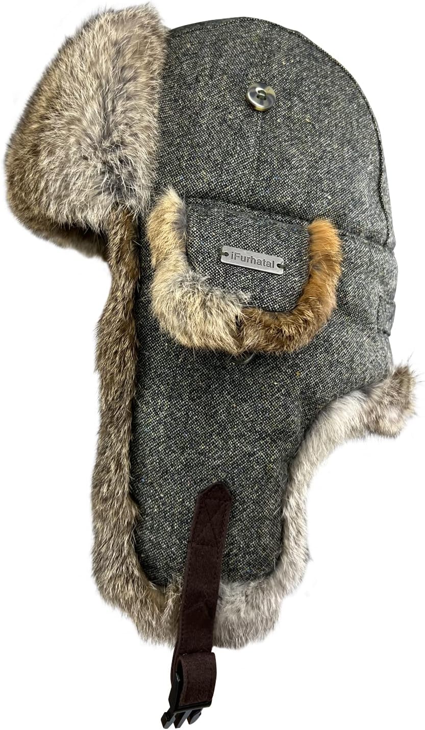 100% Real Rabbit Fur Winter Trapper Hat for Men and Women