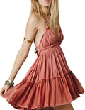 ForeMode Summer Deep V Neck Bohemian Mini Short Dress - Backless Beach