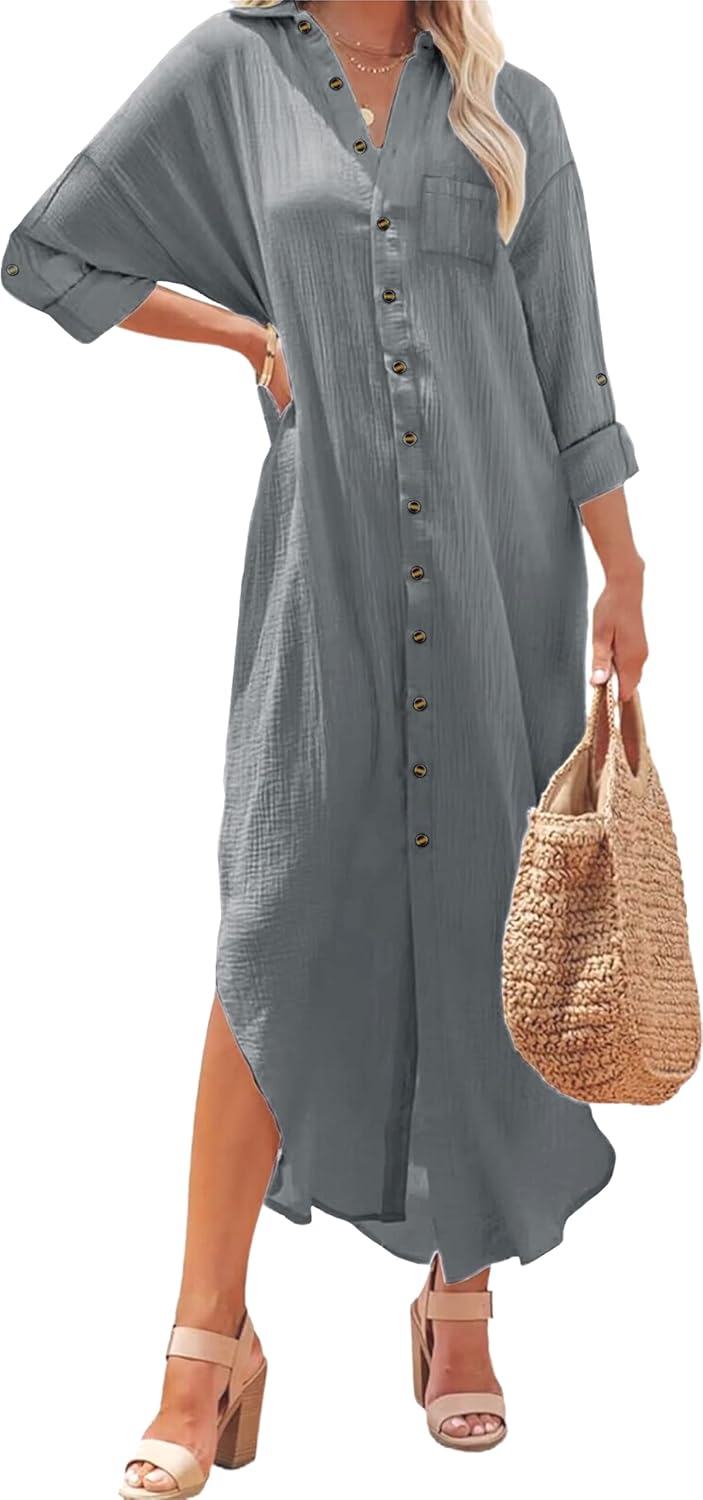 Kuraki Women's Casual Print Maxi Shirt Dress for Everyday Style