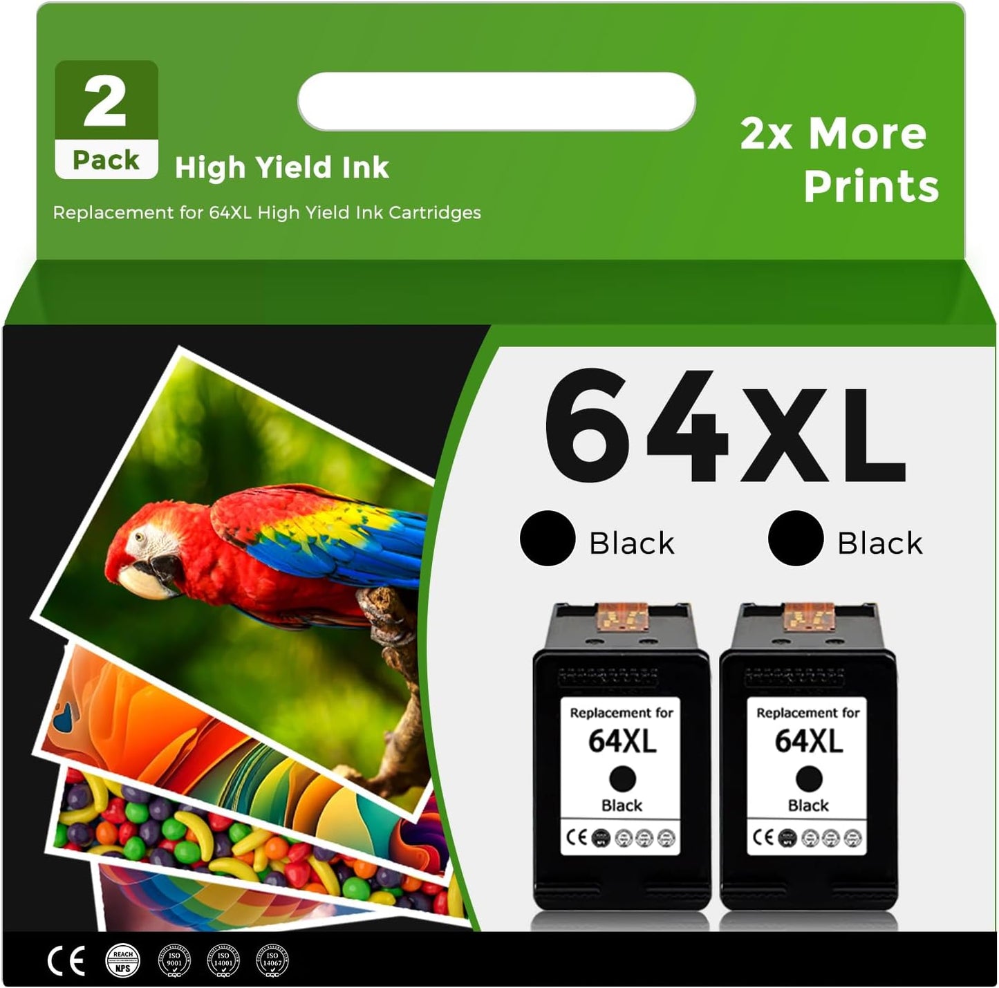 64XL Black Remanufactured Ink Cartridge for HP Printers - 2-Pack