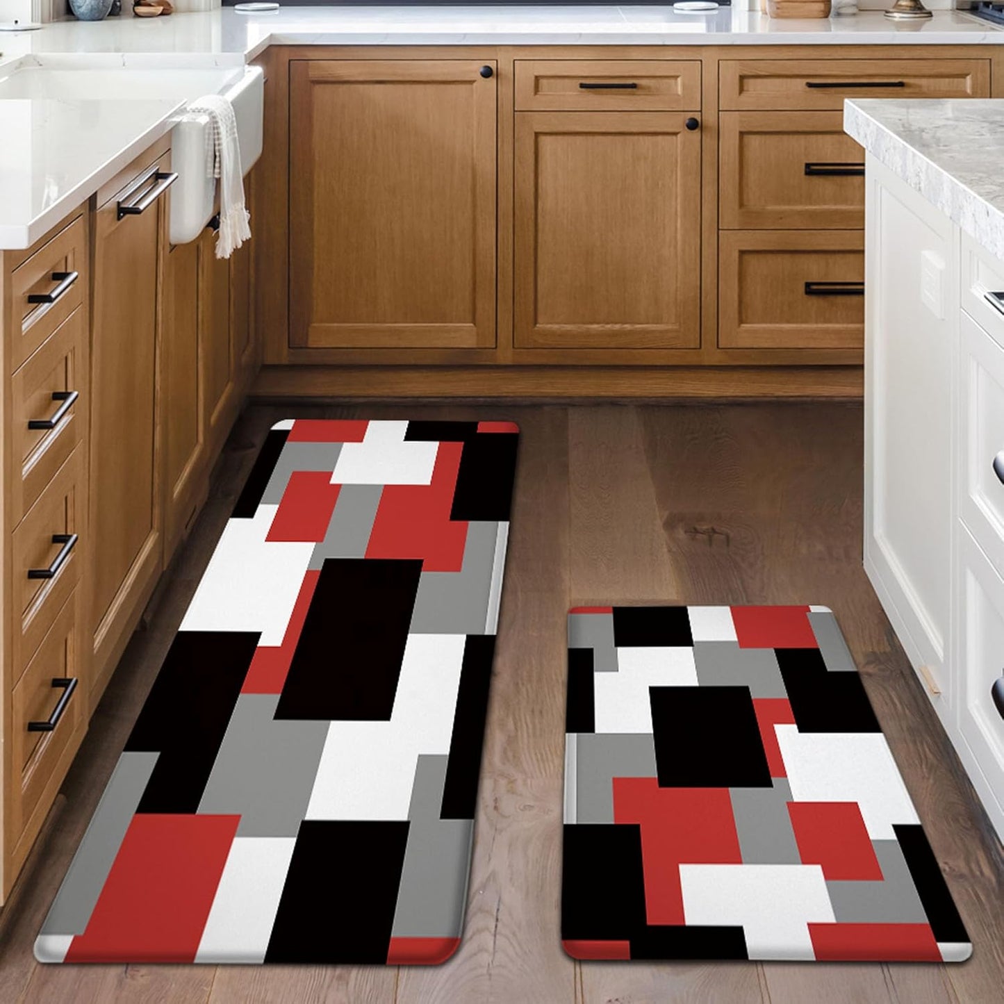 Red Black Kitchen Rugs Set of 2 Cushioned Anti Fatigue Mats