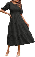 Womens Puff Sleeve Smocked Floral Midi Dress - Flattering Summer Fit