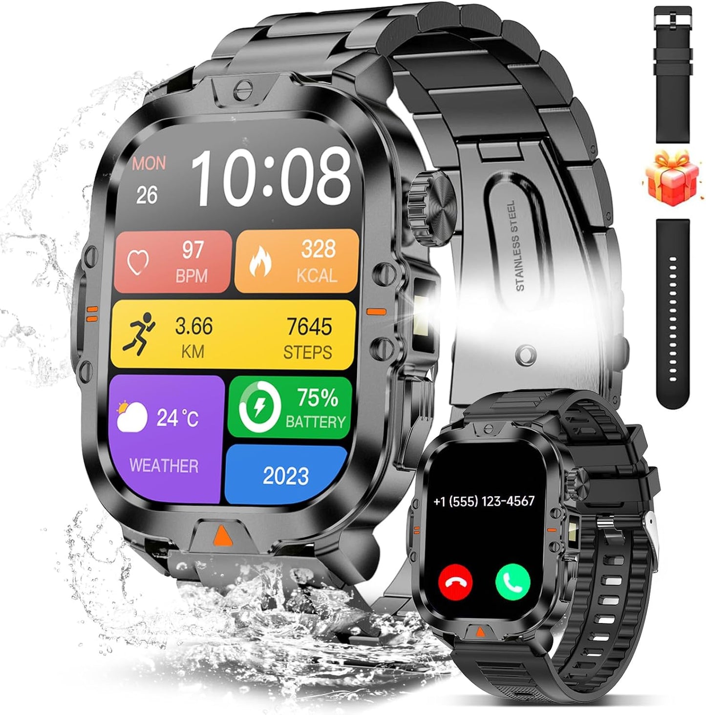 BRUBOSES Men's Military Smartwatch - 170+ Sports Modes - IP68 Waterproof