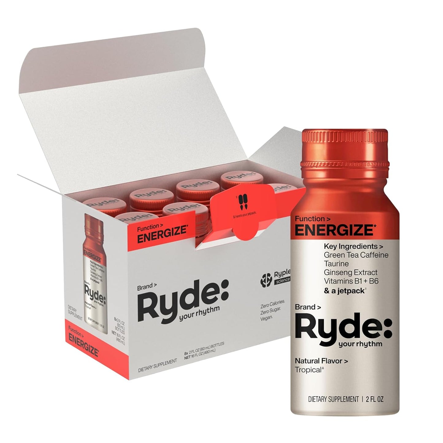 Ryde Energize Shot: Tropical Flavor Energy Boost in 8 Pack