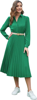 Business Casual Shirt Dress for Women Pleated Midi with Belt - Flowy