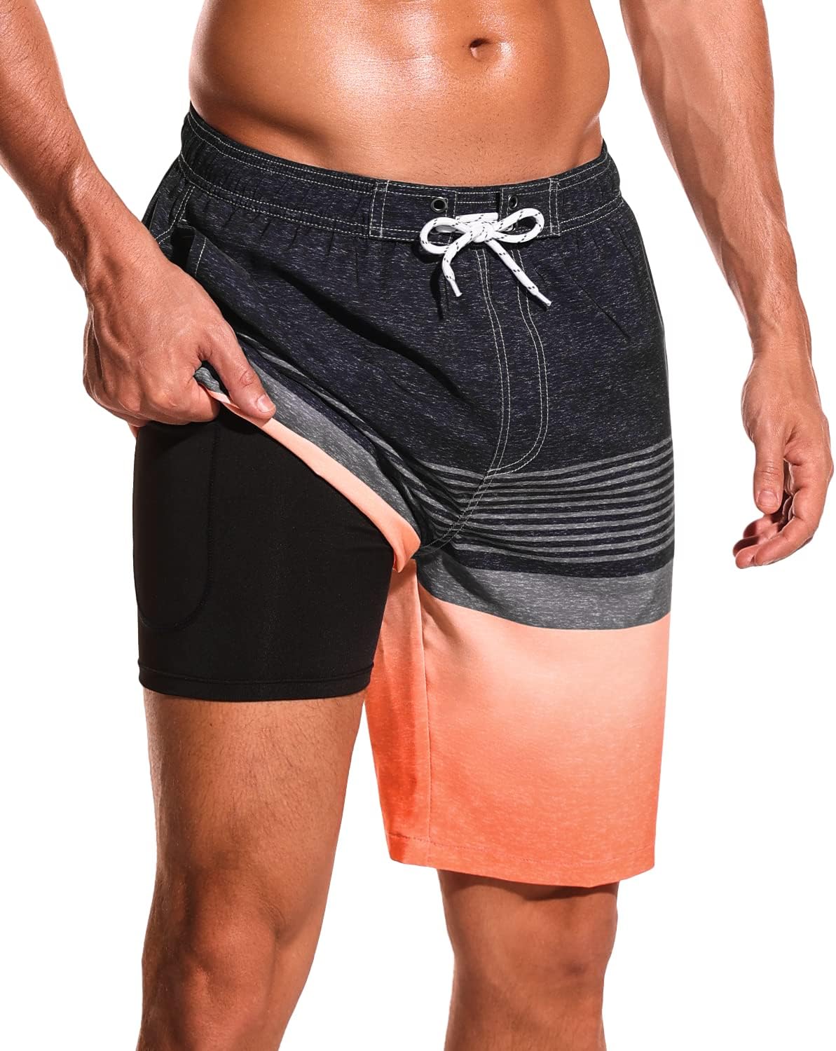 SILKWORLD Mens Swim Trunks with Compression Liner for Comfort
