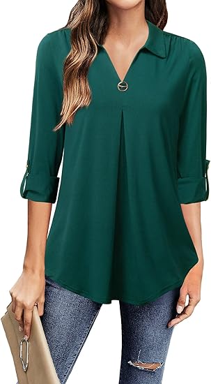 VALOLIA Womens Roll Up 3/4 Sleeve Shirts for Casual Work Wear