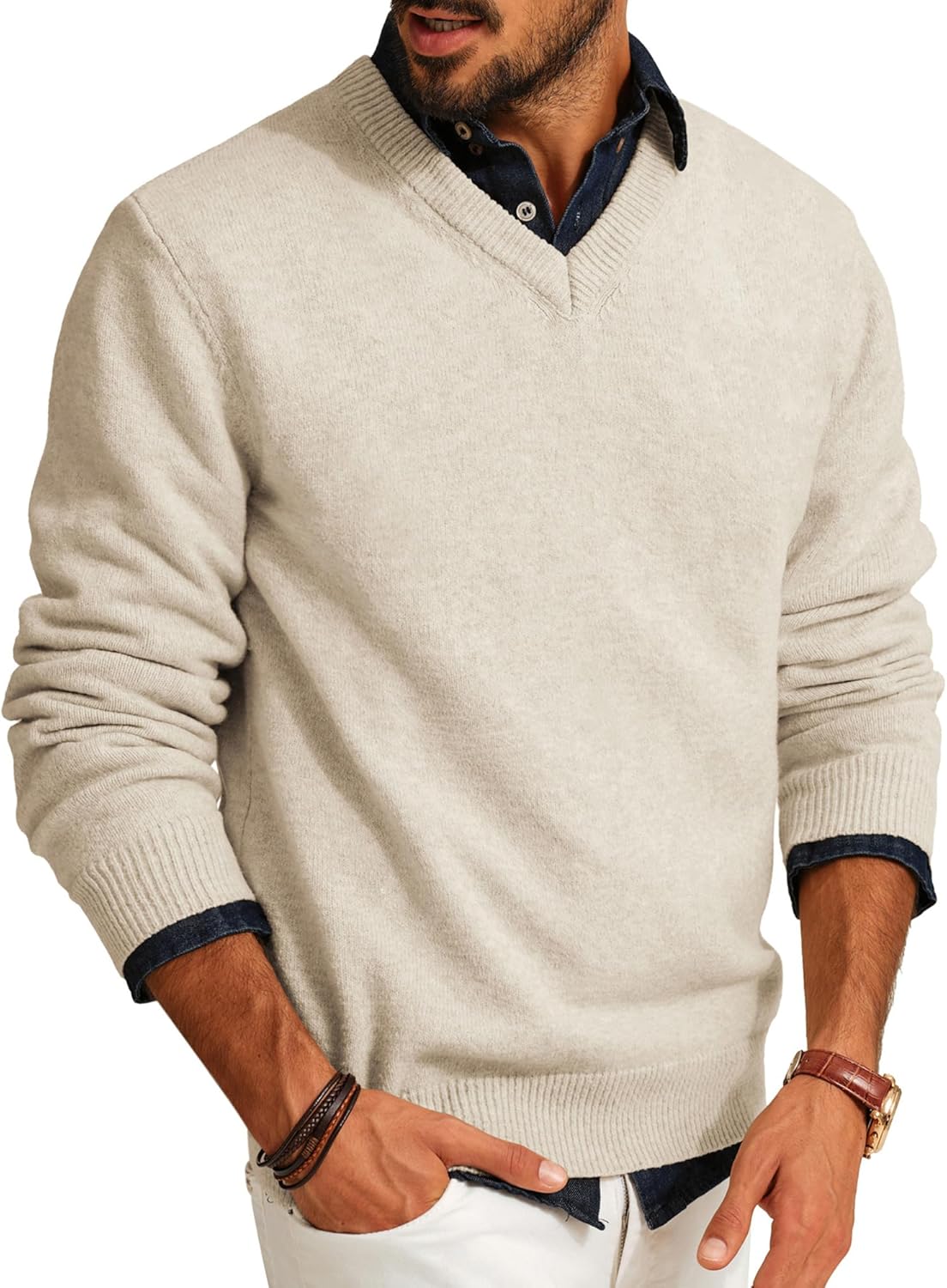 PJ PAUL JONES Mens V Neck Pullover Lightweight Wool Blend Sweater