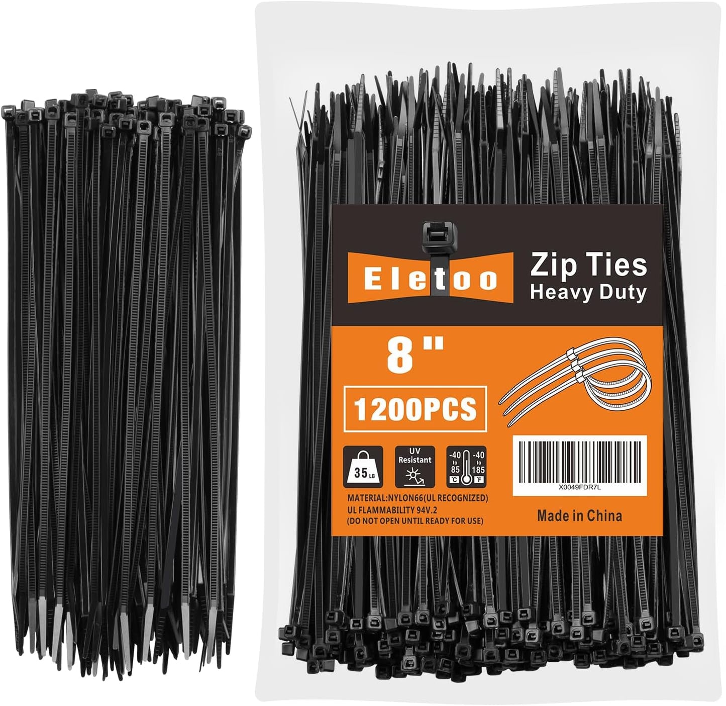 1200 Pack 8 Black Zip Ties - Strong Self-Locking Ties for Indoor & Outdoor Use! 
