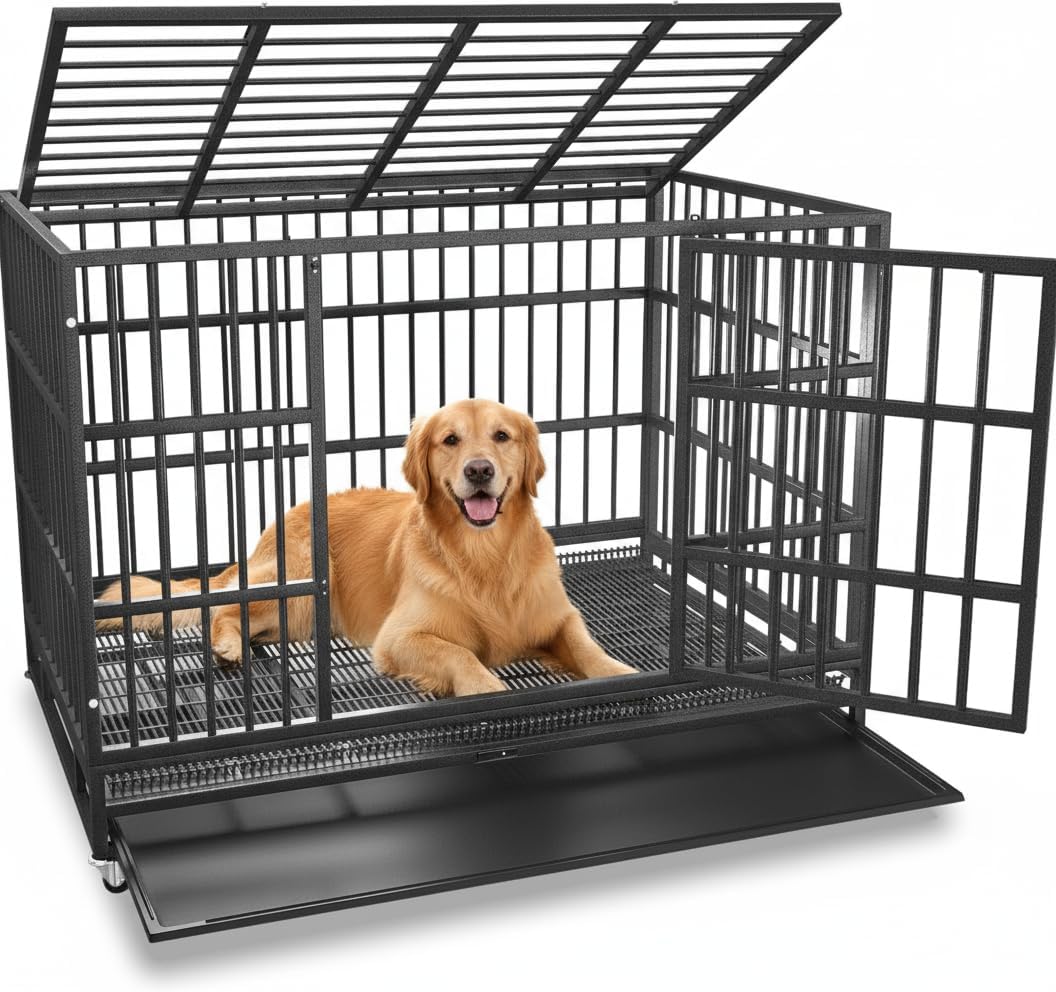 Heavy Duty Dog Crate Cage with Wheels for High Anxiety Dogs