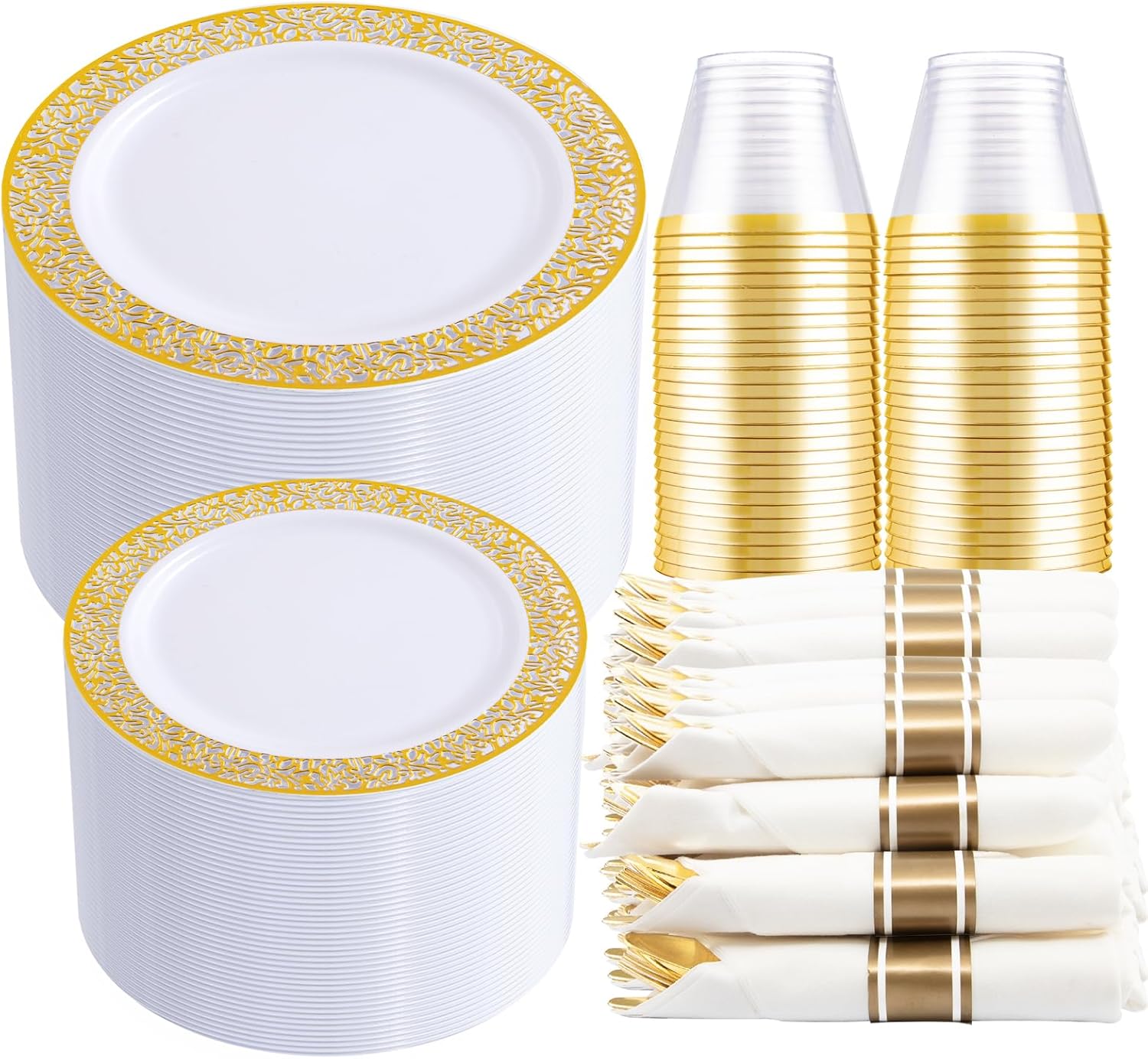 210 PCS Gold Plastic Plates Set for Elegant Party Dining