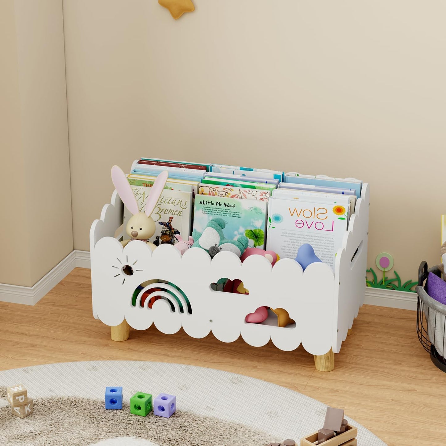 Montessori Kids Bookshelf with Adjustable Dividers for Storage