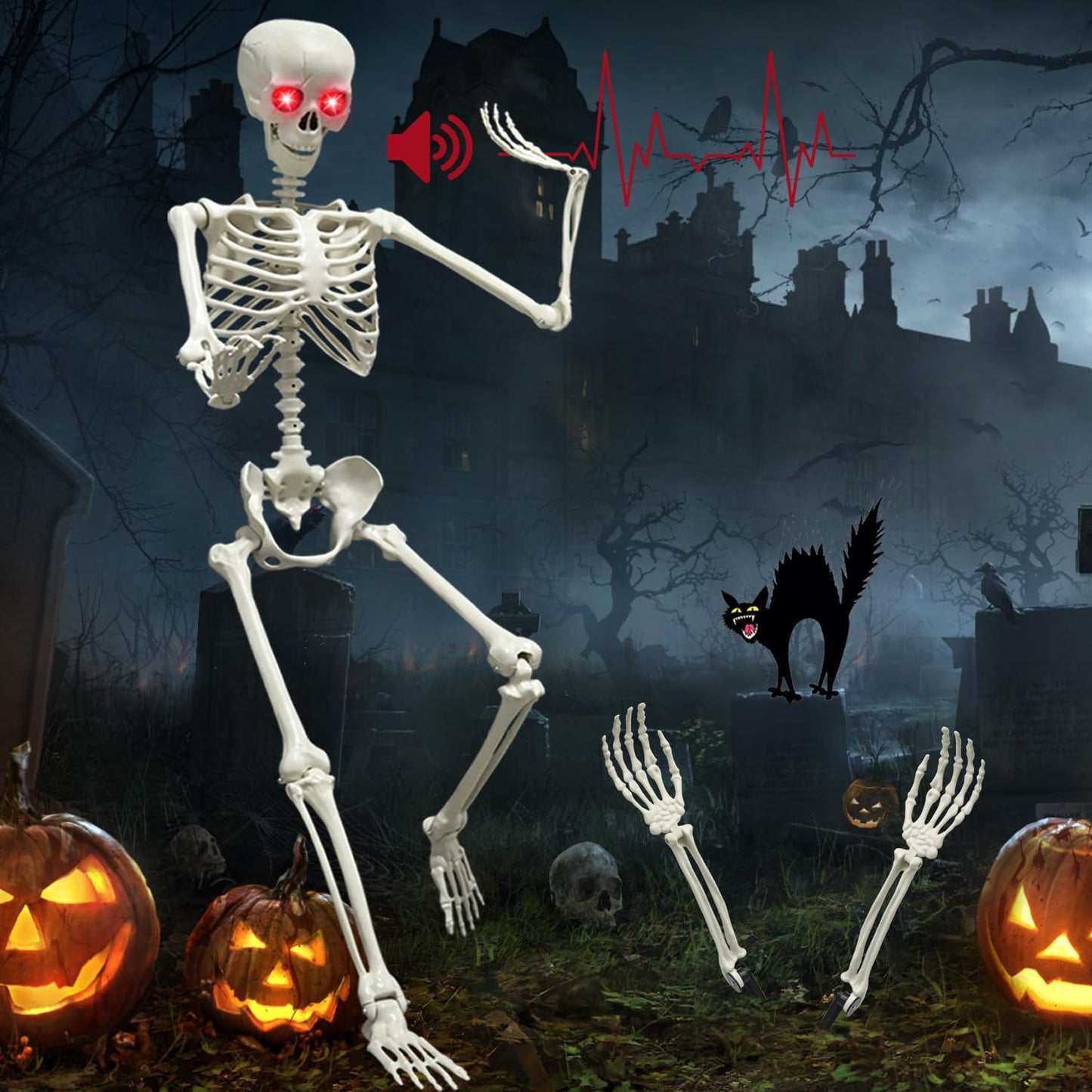 5.4Ft Halloween Skeleton with Glowing Eyes for Spooky Decor
